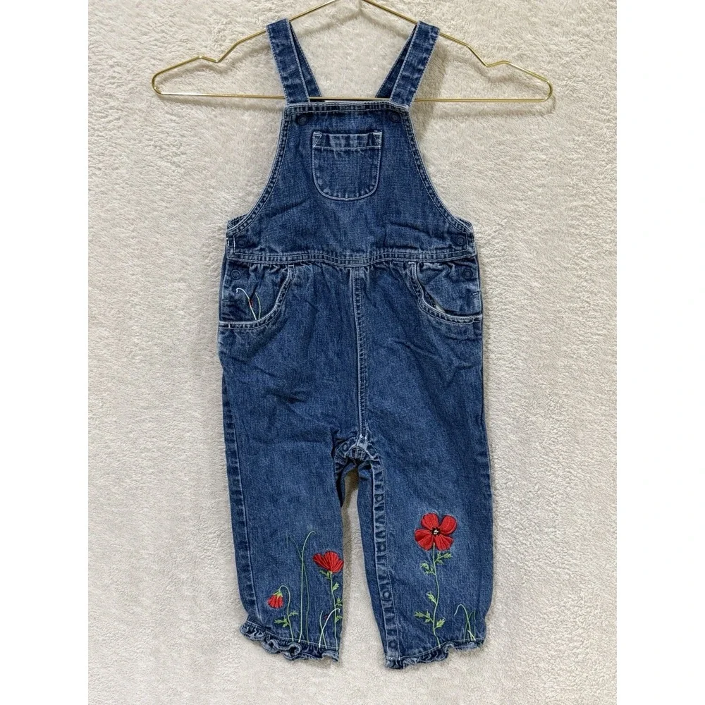VTG 2002 Gymboree Poppies Girls 3T Denim Jean Overall Romper Embroidered Flower